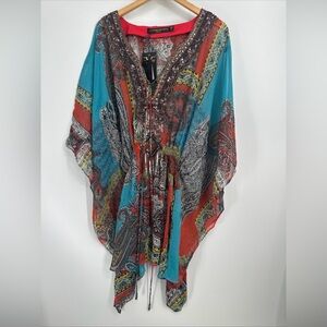 New Kaftan Short Embellished Beaded Top Resort Cover Up Sz Small